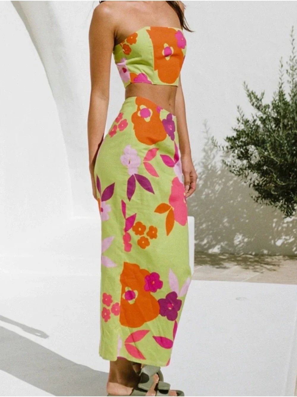 Sabo Skirt Lime Green Floral Strapless Two-Piece Maxi Set